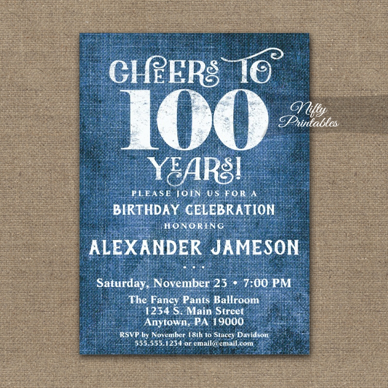 100th Birthday Invitations Blue Linen Rustic Cheers Nifty Printables