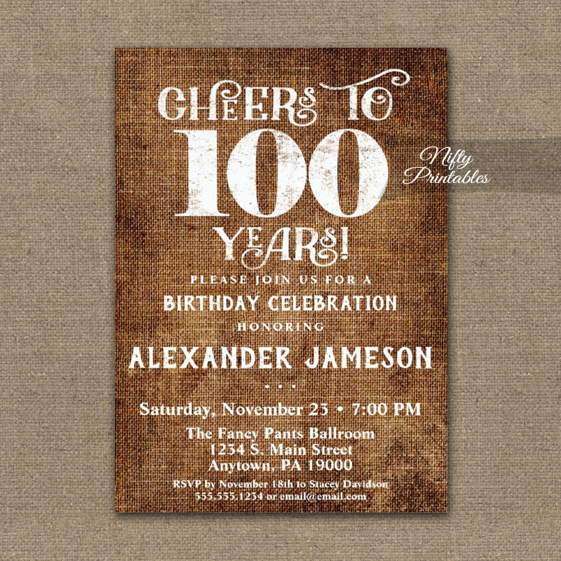 100th Birthday Invitations Brown Linen Rustic Cheers Nifty Printables
