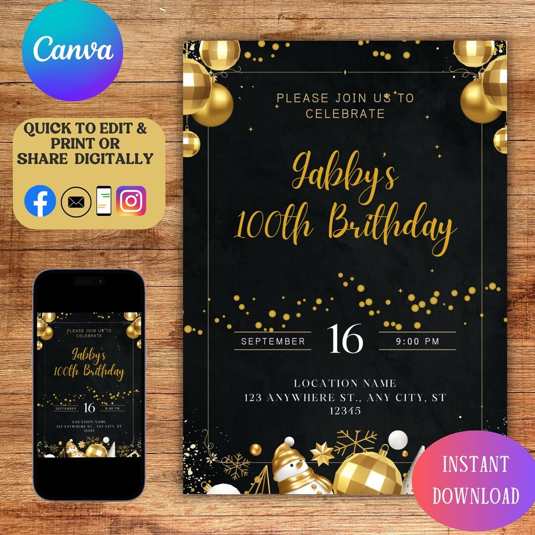 100th Birthday Party Invitation Template With Black And Gold Balloons 100 Birthday Invitation Templates 100th Birthday Invites Template Etsy