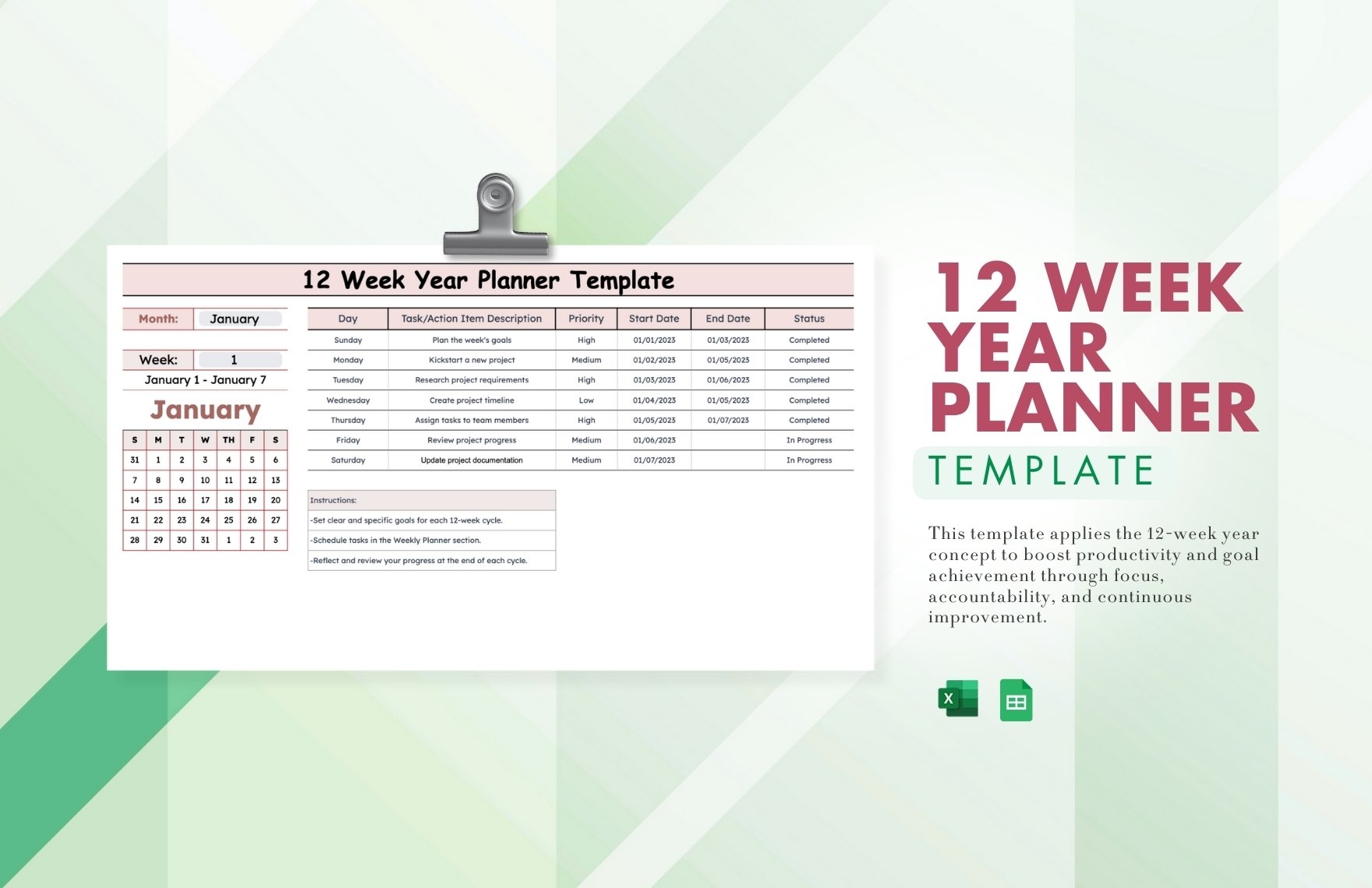 12 Week Year Templates Free Printable
