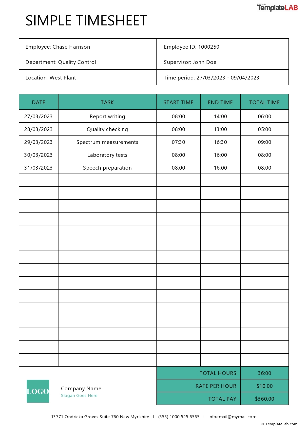 Daily Timesheet Template Free Printable
