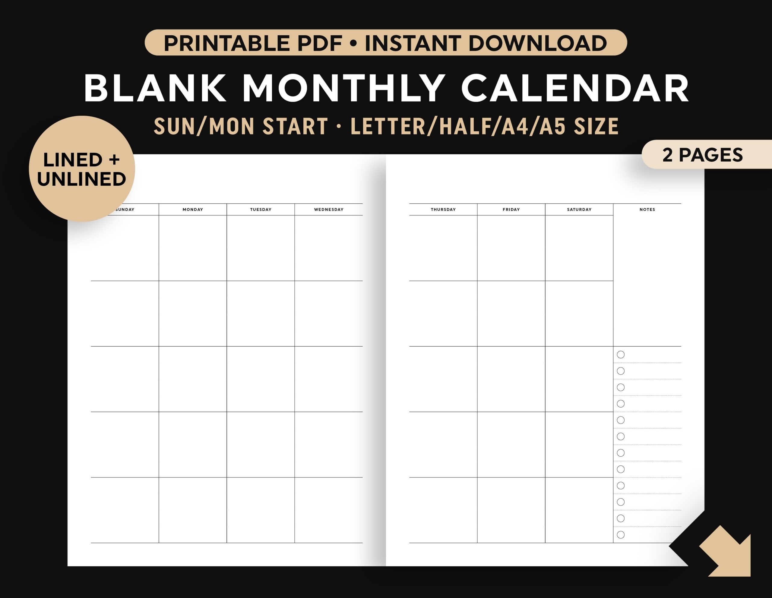 2 Page Blank Monthly Calendar Printable Two Page Month Calendar Lined unlined Instant Digital Download Sunday monday Start Etsy 2 Page Blank Monthly Calendar Printable Two Page Month Calendar Lined unlined Instant Digital Download Sunday monday Start Etsy