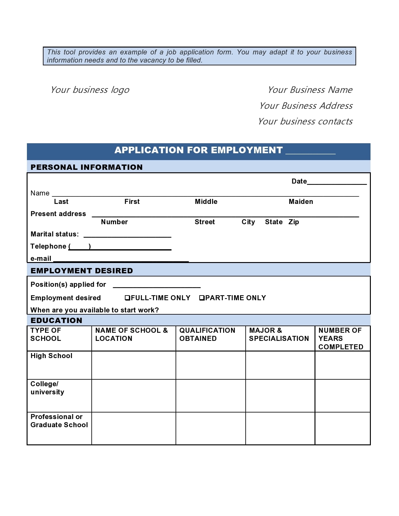 Free Job Application Template Printable Free Job Application Template Printable