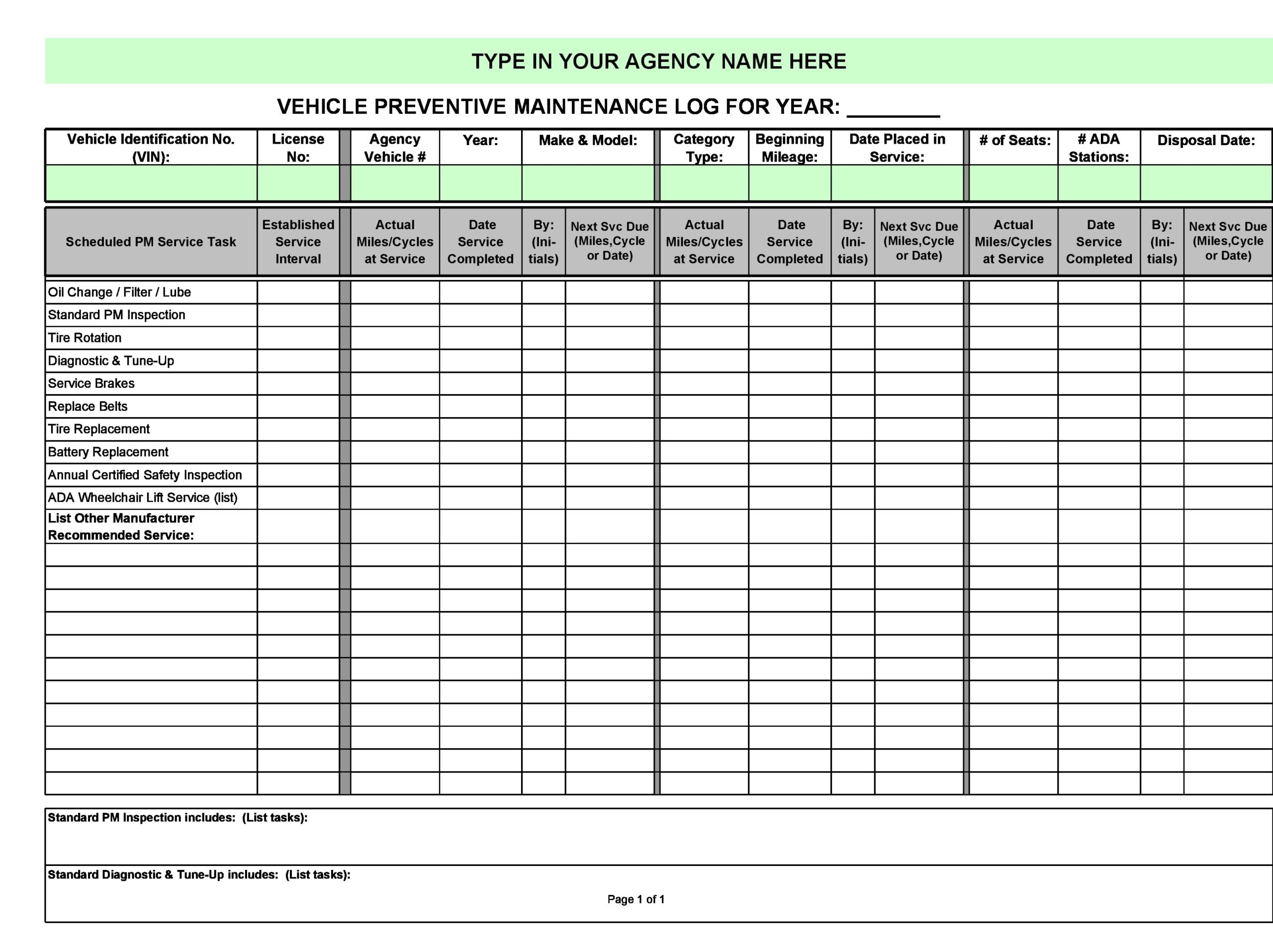 Printable Free Vehicle Maintenance Log Template