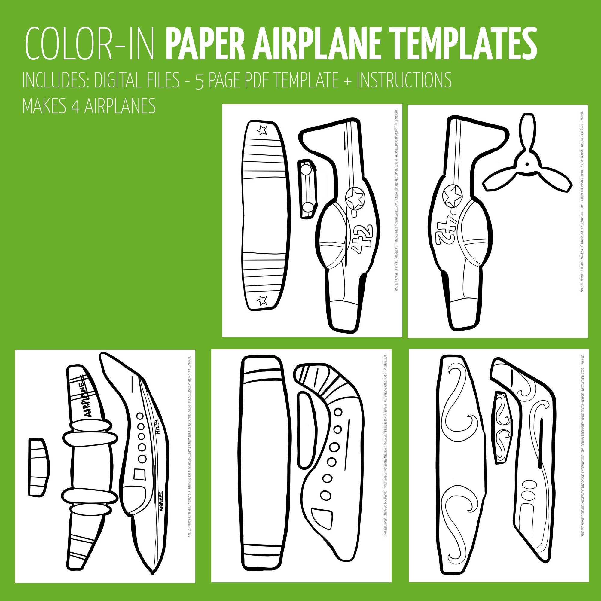 4 Styles Paper Airplanes Coloring Pages Color in Paper Craft Template Paper Toy Craft Instant Download Kids Craft Template Etsy