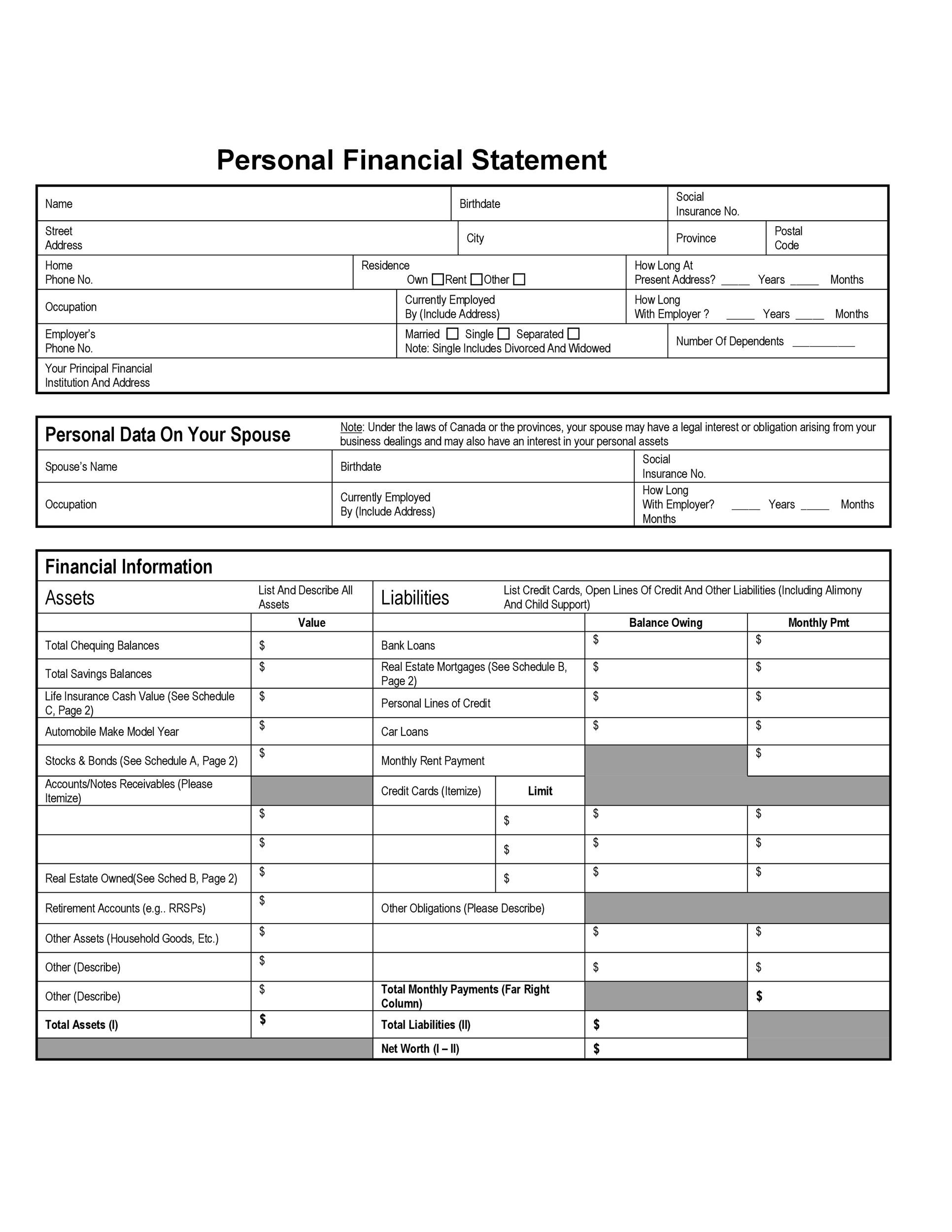 40 Personal Financial Statement Templates U0026 Forms TemplateLab