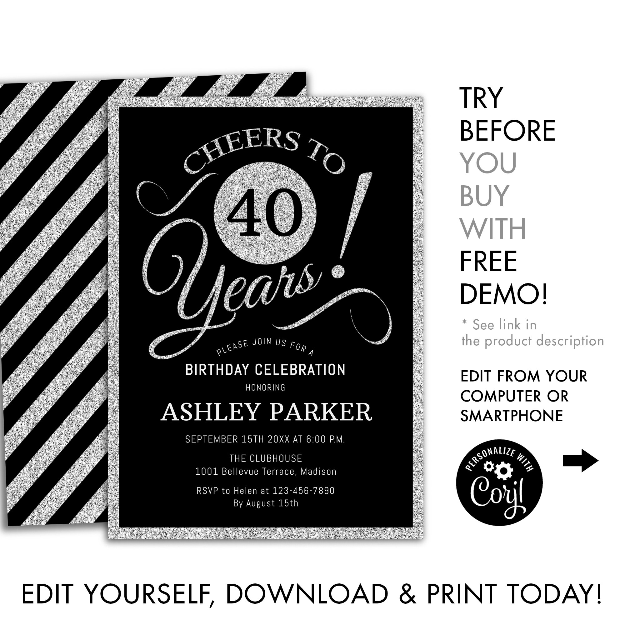 40th Birthday Party Invitation INSTANT DOWNLOAD DIY Digital Template Any Age Glitter Silver Black White Cheers To 40 Years Etsy