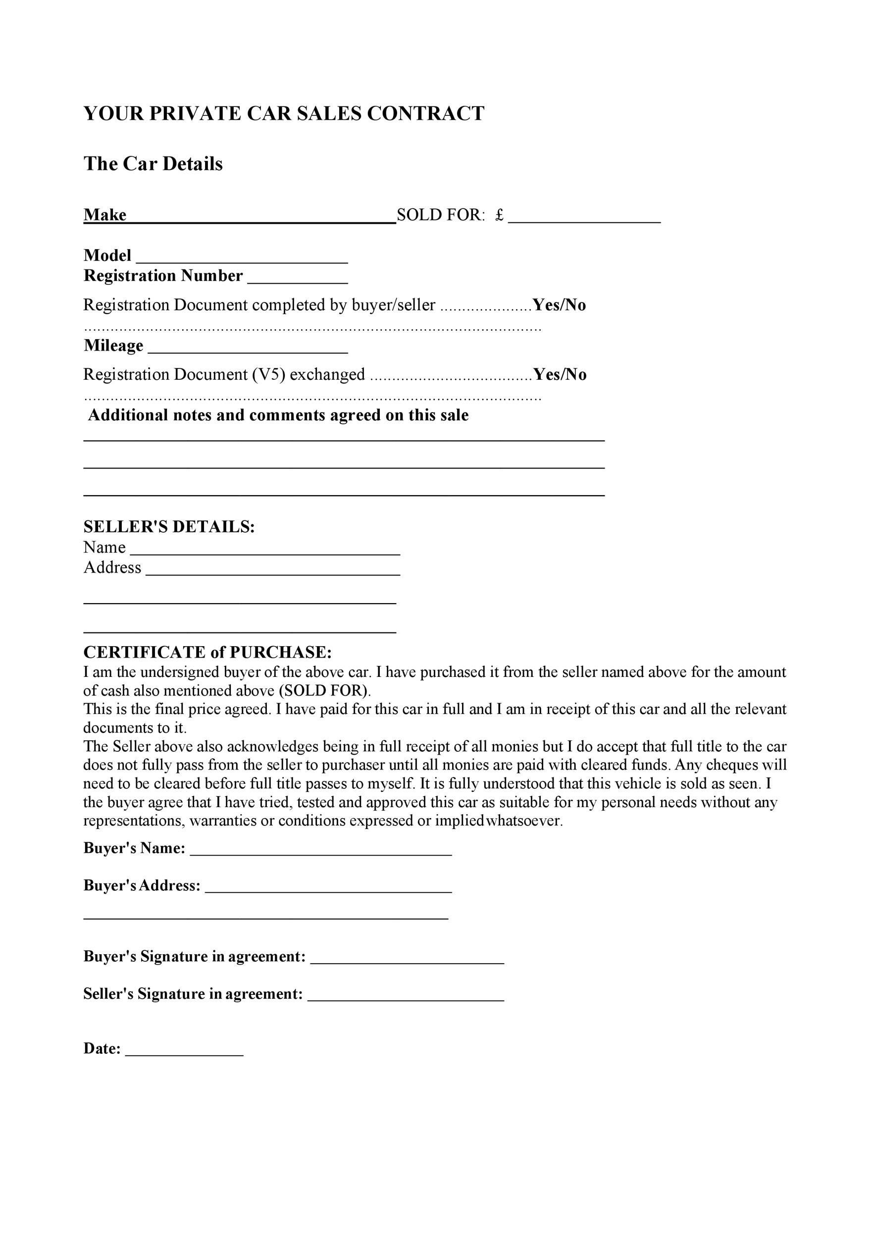 42 Printable Vehicle Purchase Agreement Templates Word PDF 