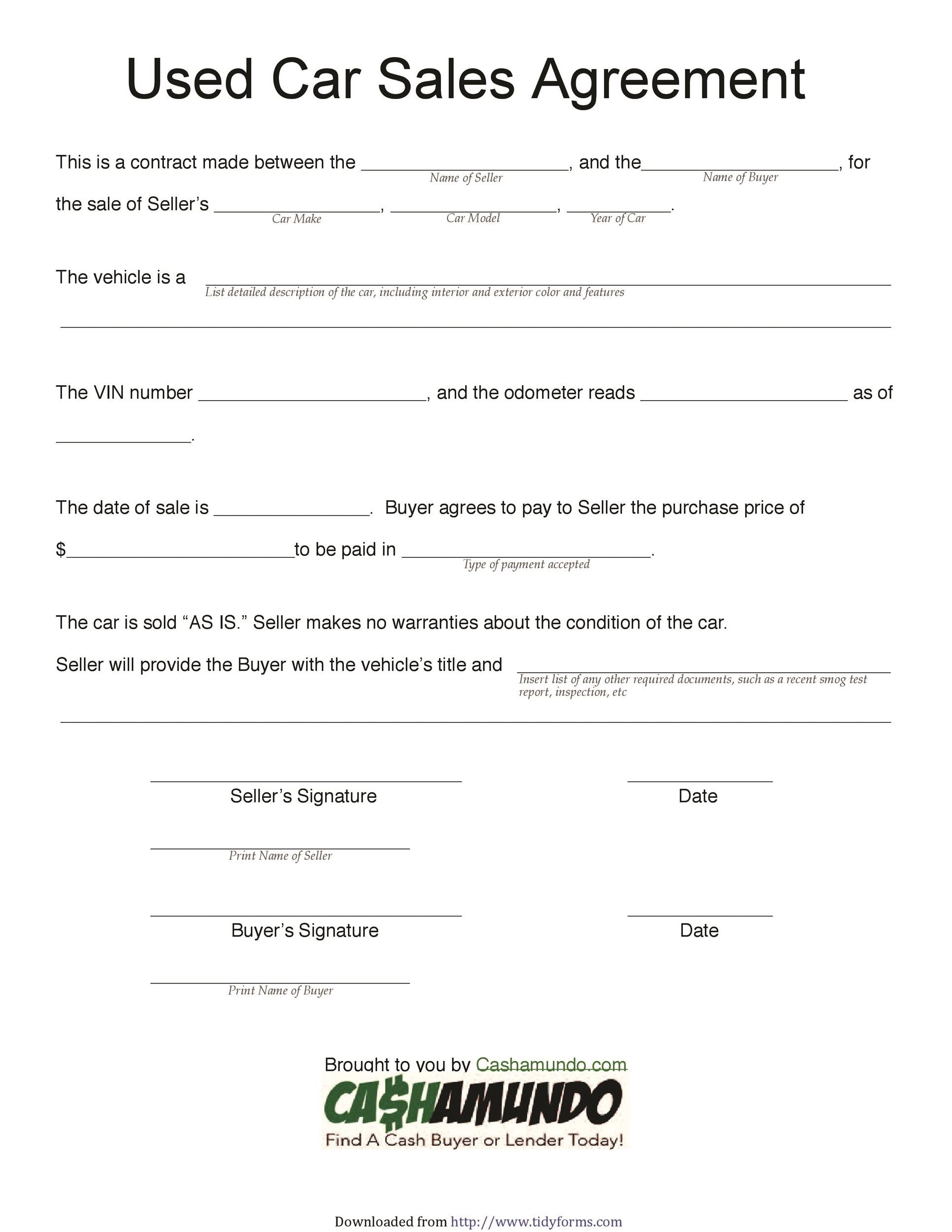 42 Printable Vehicle Purchase Agreement Templates Word PDF 