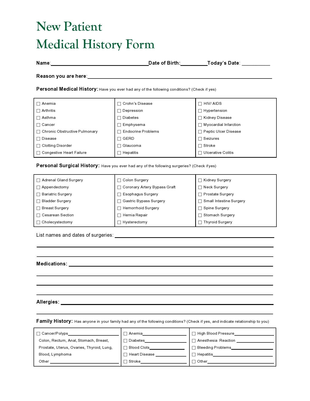 Family Medical History Template Free Printable