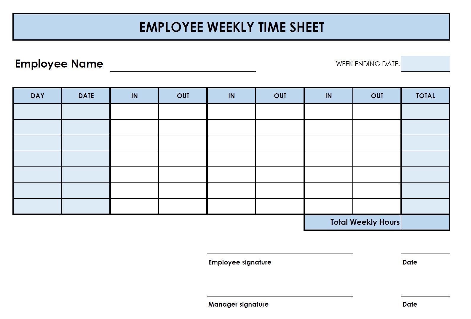 Downloadable Free Printable Weekly Timesheet Template