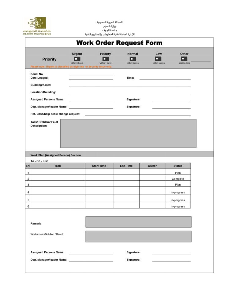 52 Printable Work Order Templates Excel Word PDF