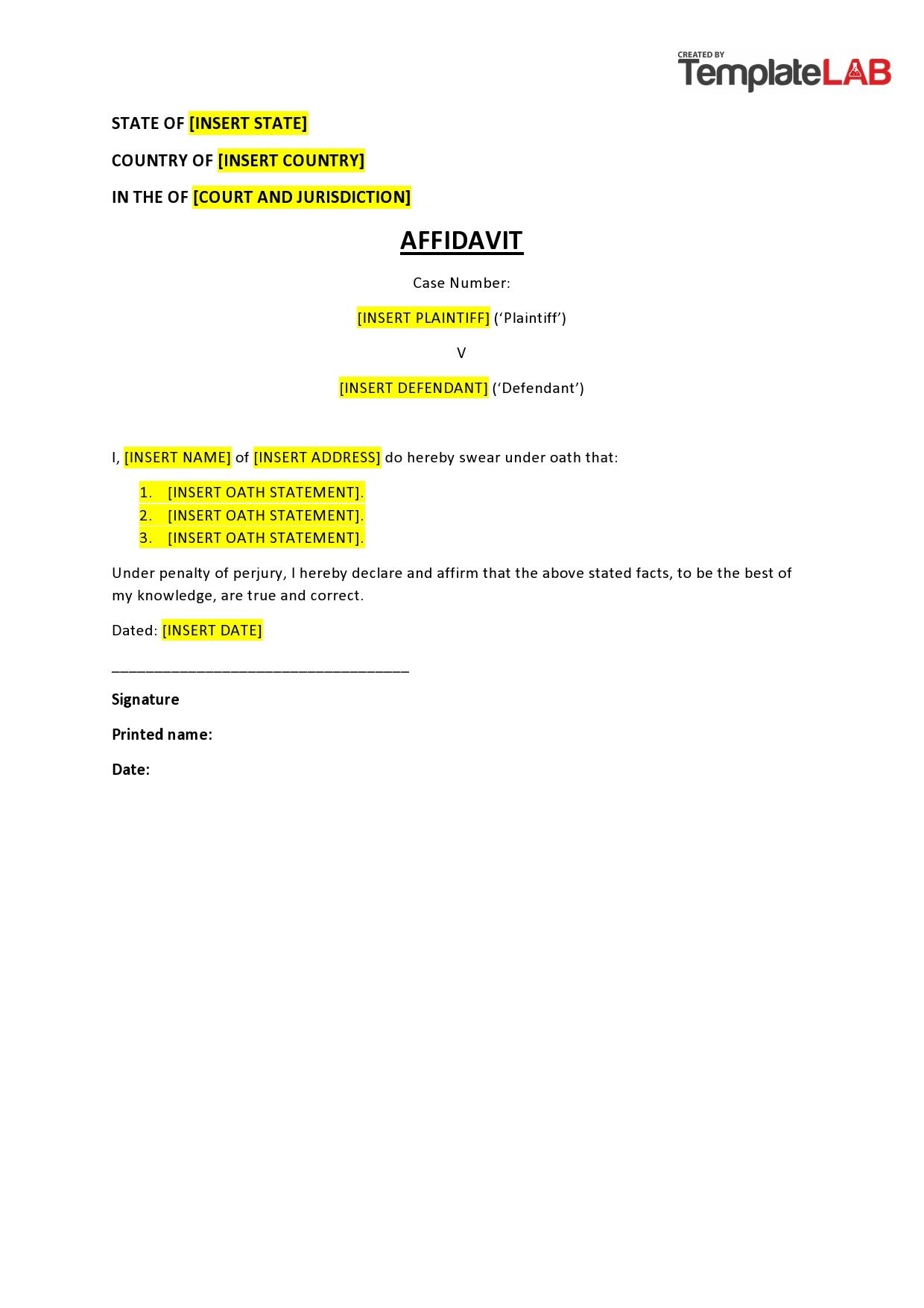 60 Free Affidavit Templates U0026 Forms Word PDF TemplateLab 60 Free Affidavit Templates U0026 Forms Word PDF TemplateLab
