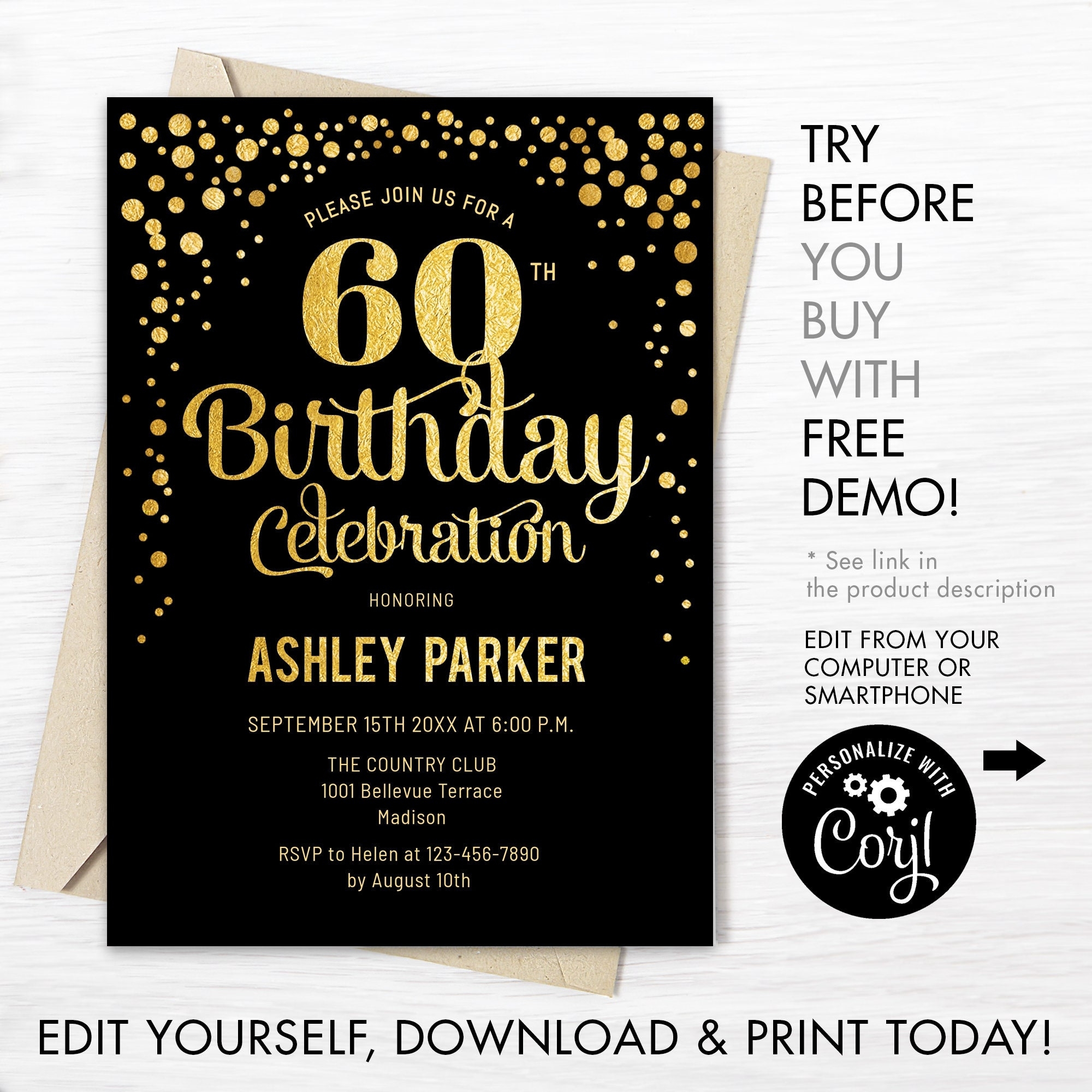 60th Birthday Invitation INSTANT DOWNLOAD Digital Template ANY Age Glitter Gold Foil Black Adult Birthday Invite Etsy