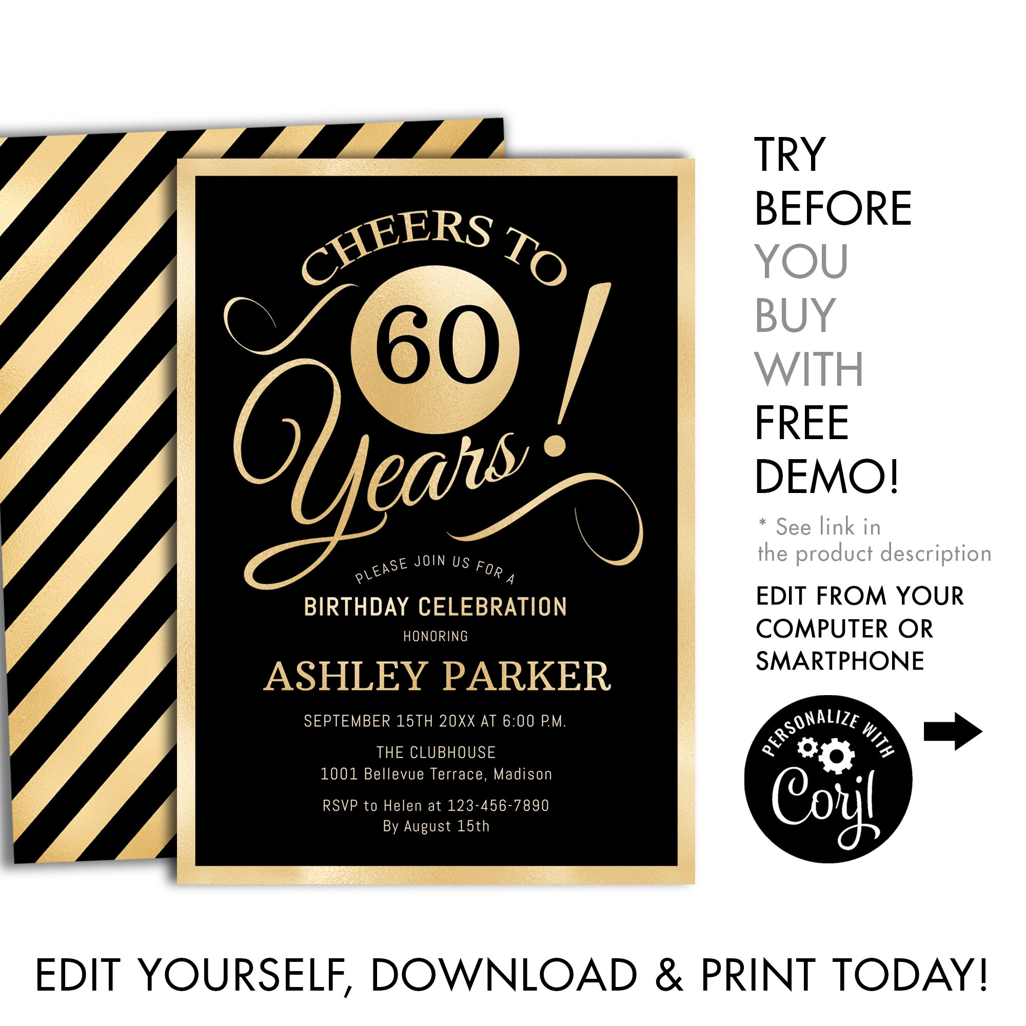 60th Birthday Party Invitation INSTANT DOWNLOAD DIY Digital 