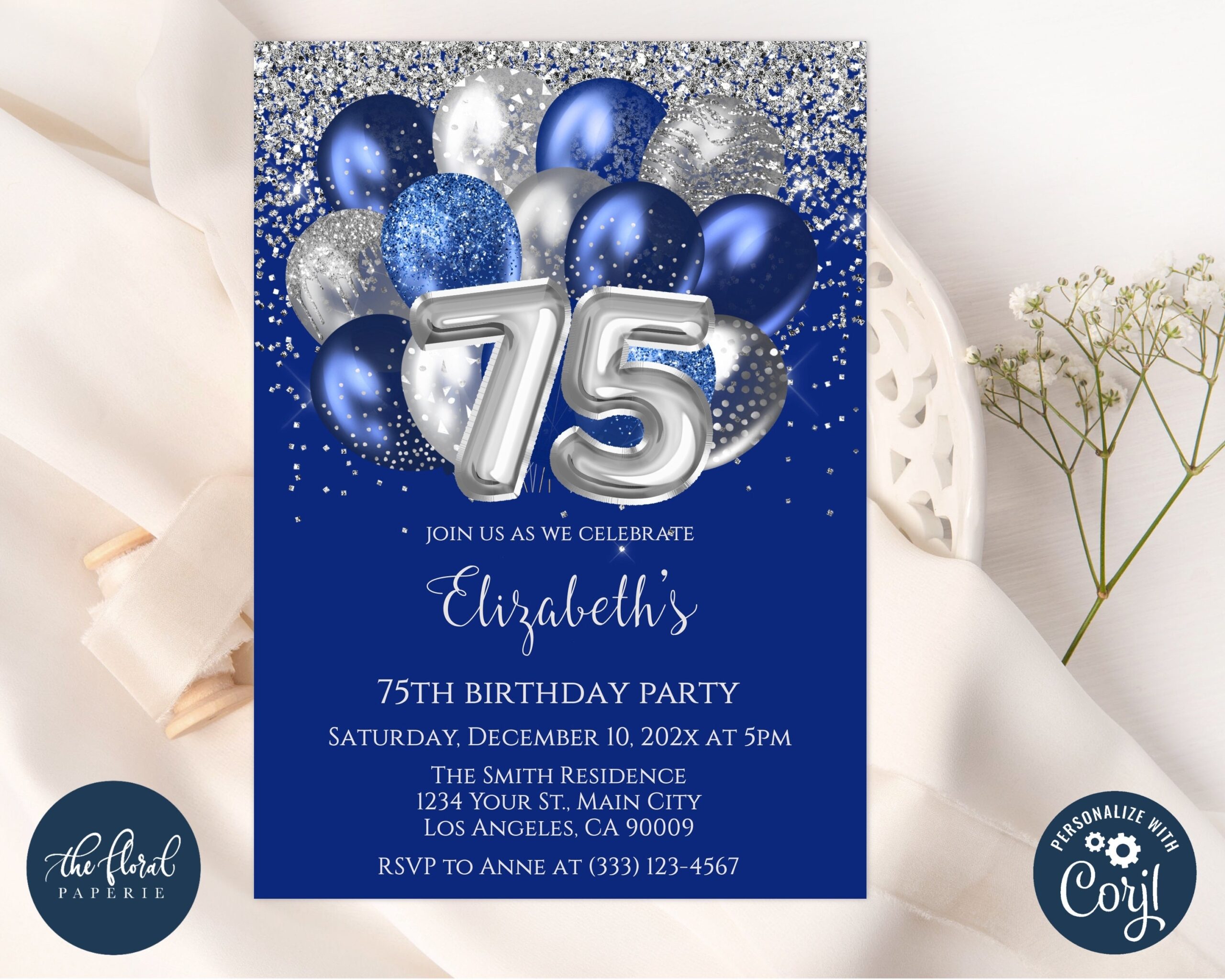 75th Birthday Invitation Template Navy Blue And Silver Birthday 