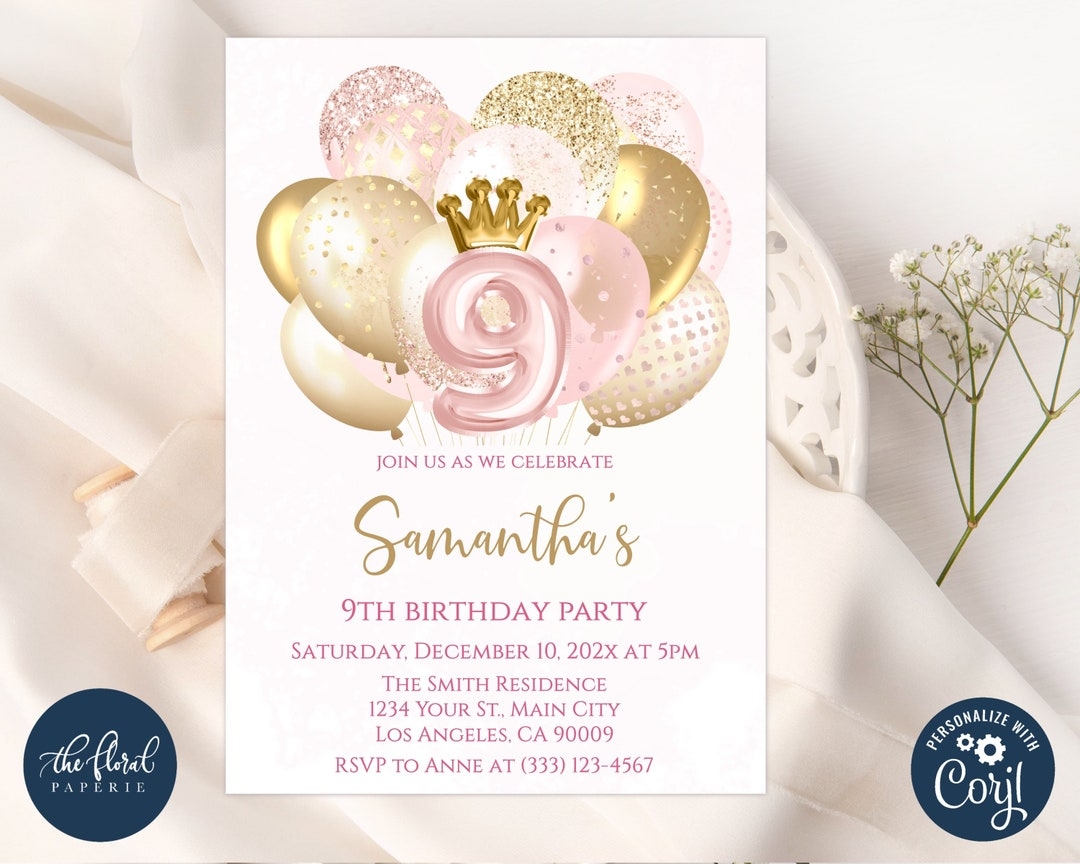 9th Birthday Invitation Template Editable Blush And Gold Princess Birthday Invites Balloons Birthday Party Invites Girl Birthday Party Etsy