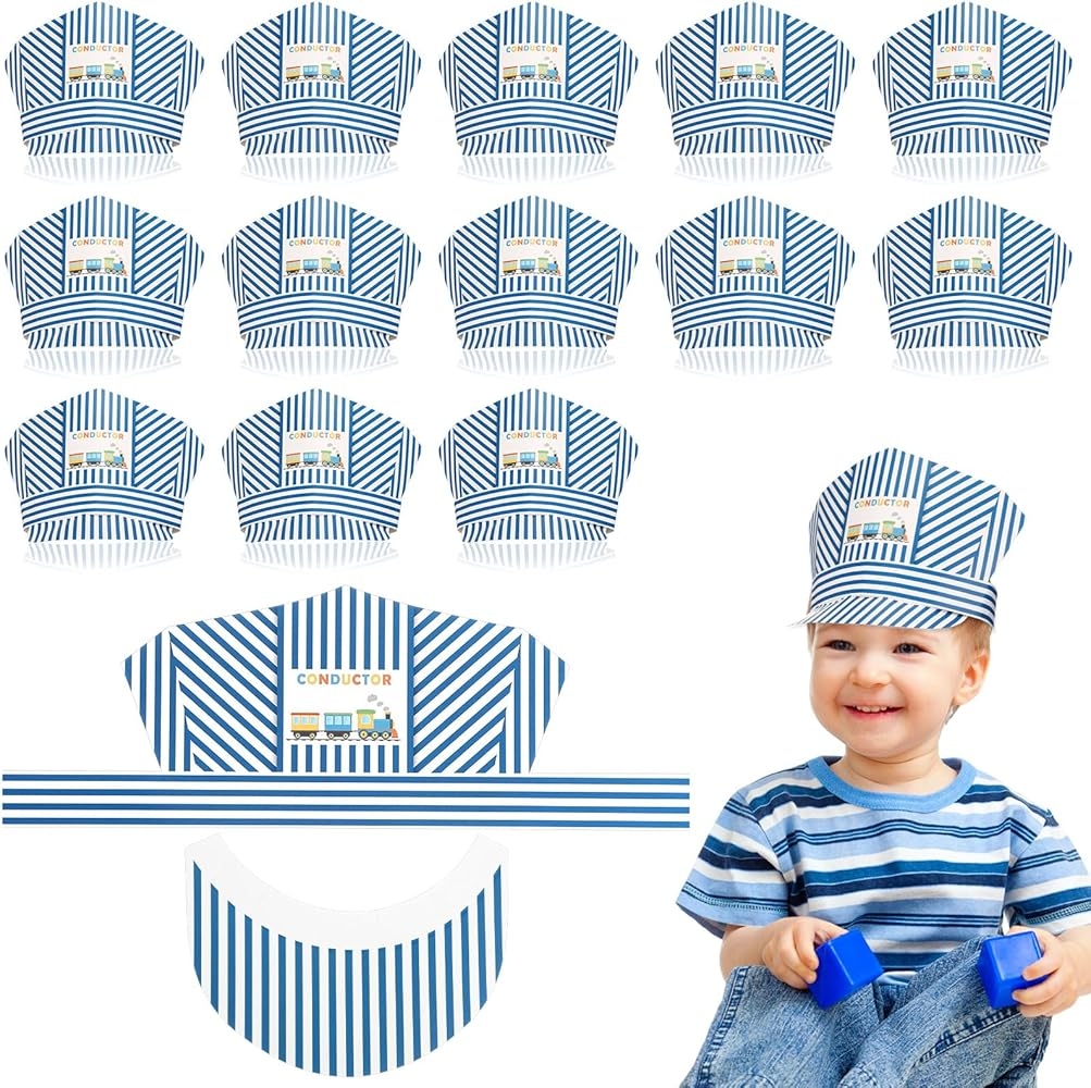 Amazon Bonuci 20 Pieces Paper Train Party Hats Train Engineer Hats For Kids Cosplay Conductor Costume Halloween Blue And White Stripes Themed Party Photo Props Toys U0026 Games