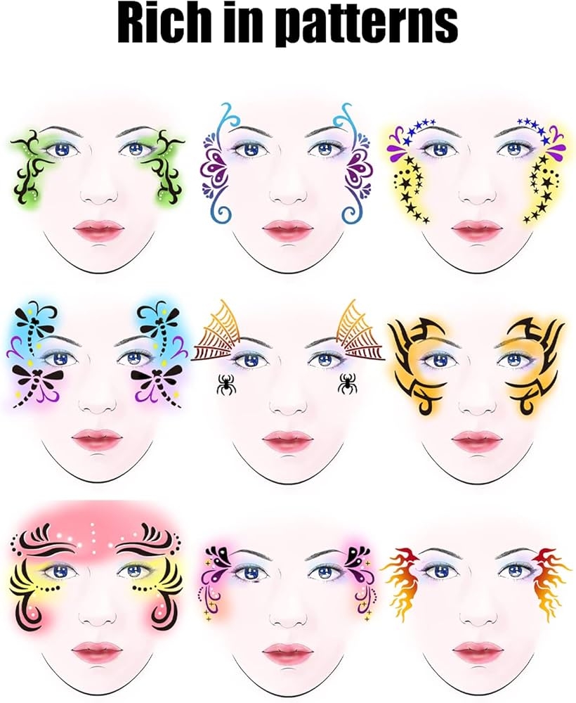 Amazon Face Painting Template 9 Sheet Face Paint Stencils Set Festival Makeup Face Paint Template Reusable Stencils Face Paint Stencils 
