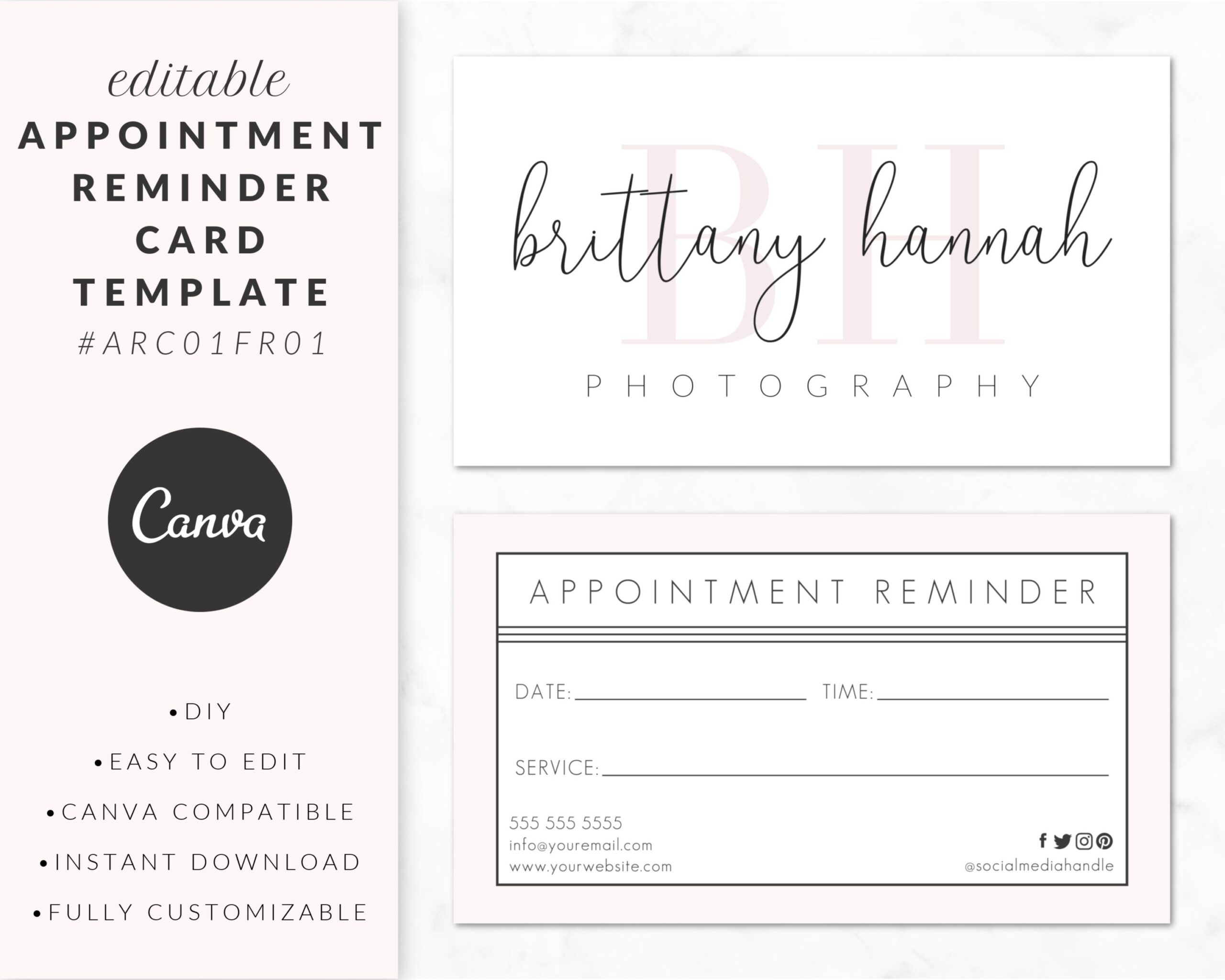 Appointment Reminder Card Template For Canva Editable Business Card Template Pink Printable Business Card Design Custom Business Cards Etsy