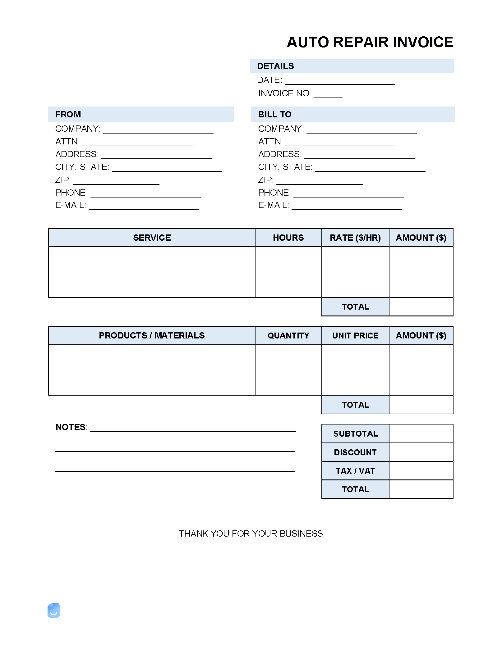 Free Printable Auto Repair Invoice Template