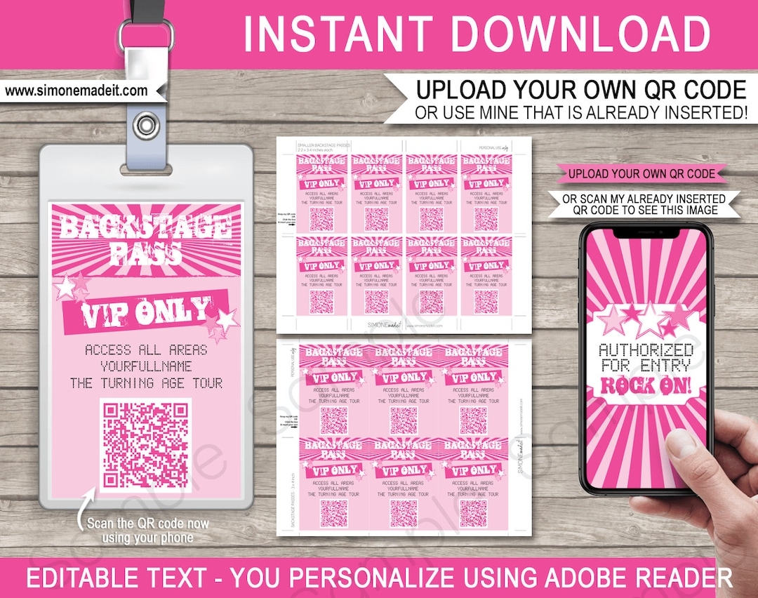 Backstage Pass Template Printable Rockstar Theme Birthday Party Decorations VIP Pass QR Code Instant DOWNLOAD Text Editable Etsy