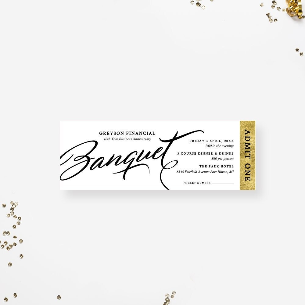 Banquet Ticket Template Admit One Printable Digital Download Elegant Ticket Invitation Event Tickets In Black White And Gold Etsy Ireland