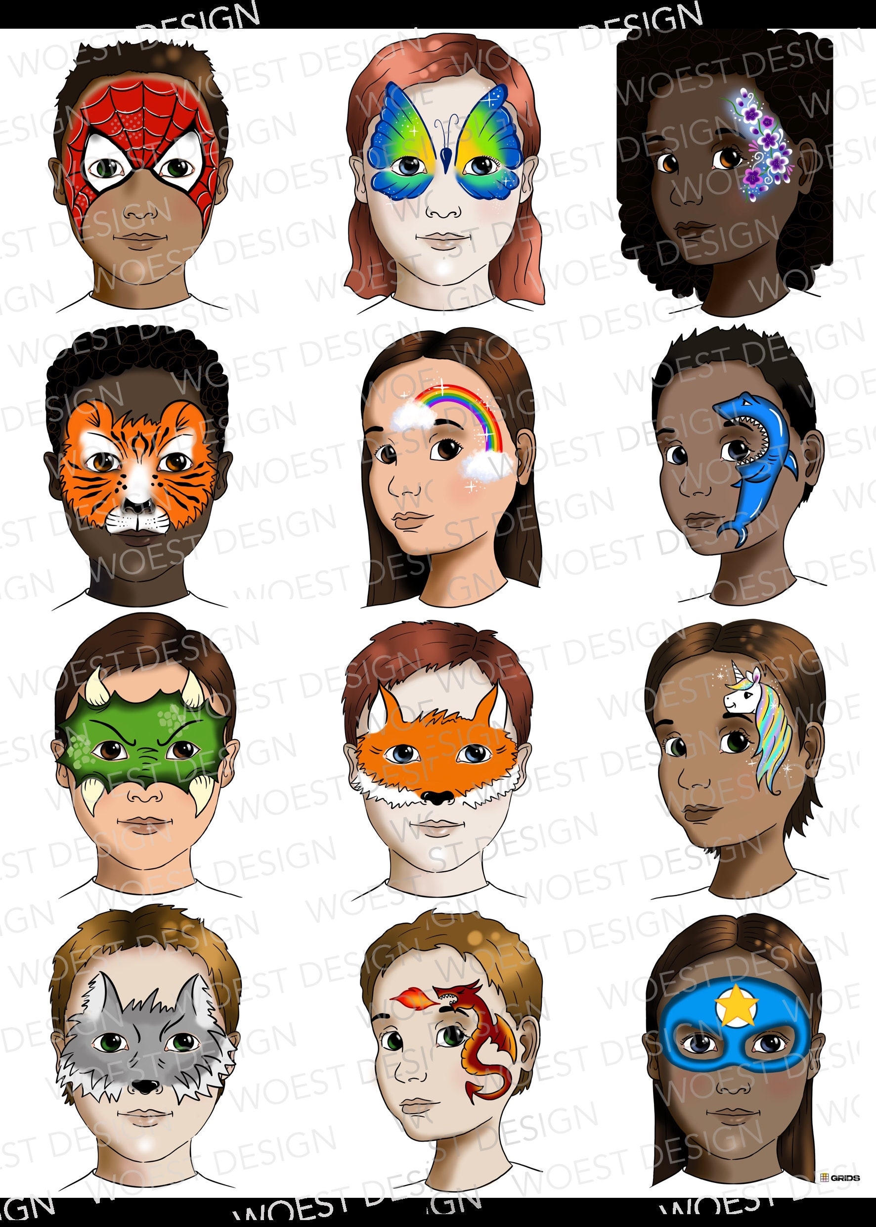 Basic Set A DIGITAL DOWNLOAD Face Paint Design Board Face 