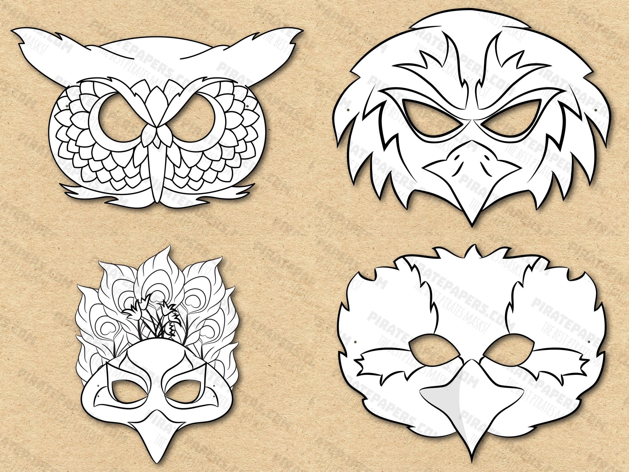 Birds Masks Printable Coloring Owl Peacock Eagle Kookaburra Paper DIY Kids Adults PDF Template Instant Download Halloween Birthdays Etsy
