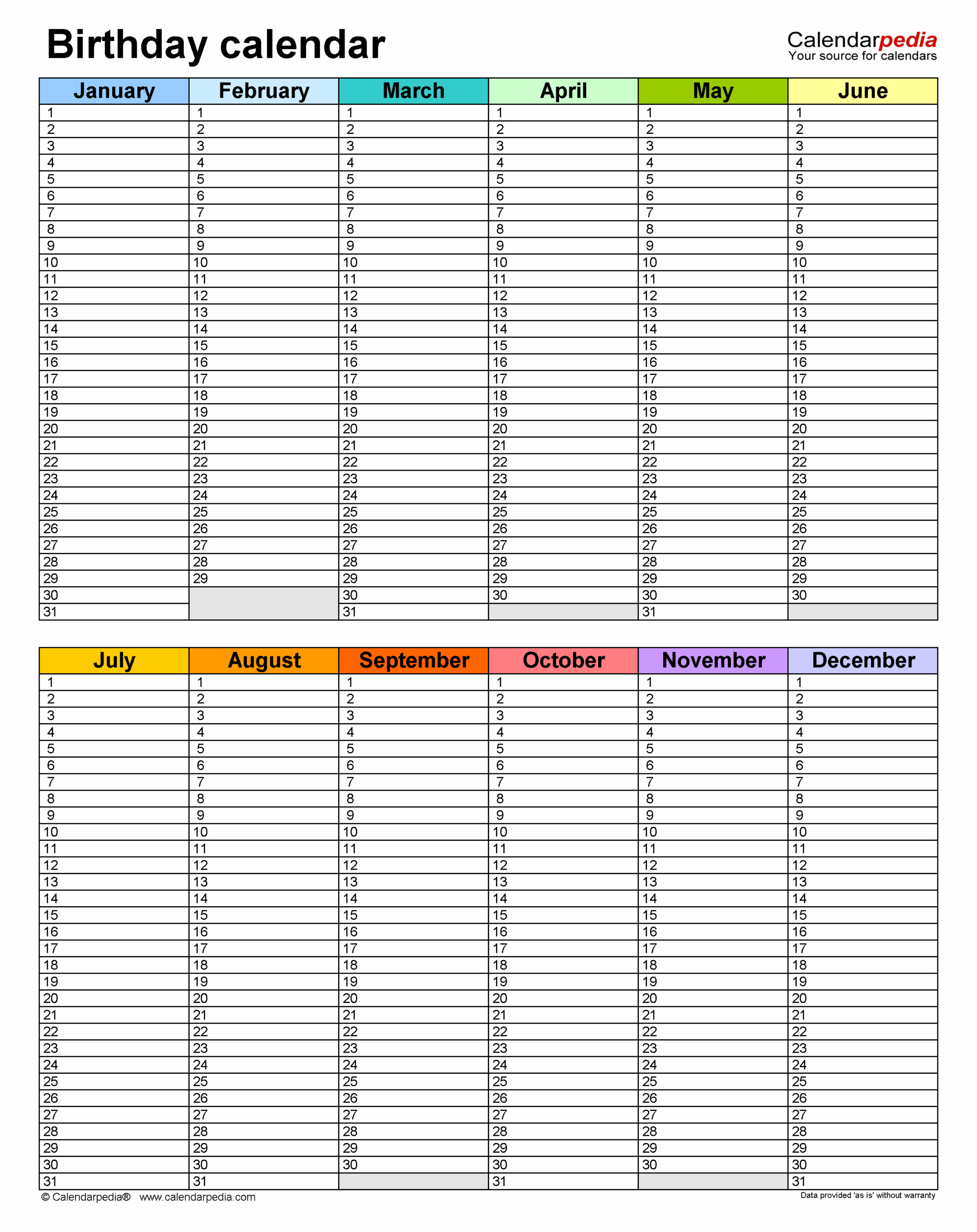 Free Printable Birthday Calendar Template