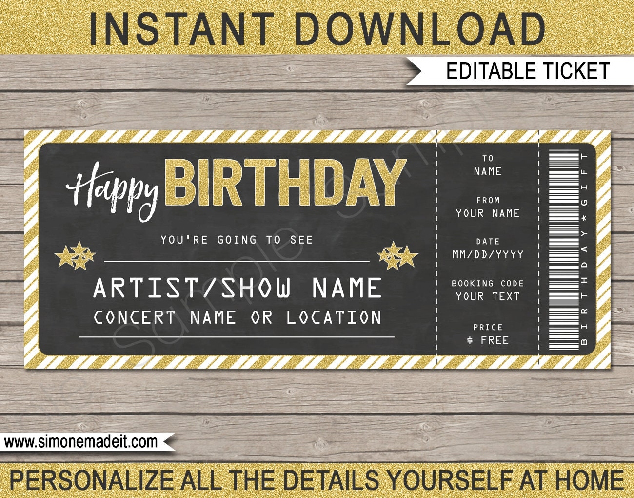 Birthday Concert Ticket Gift Printable Gift Voucher Certificate Ticket Coupon Surprise Concert Show Band EDITABLE TEXT DOWNLOAD Etsy