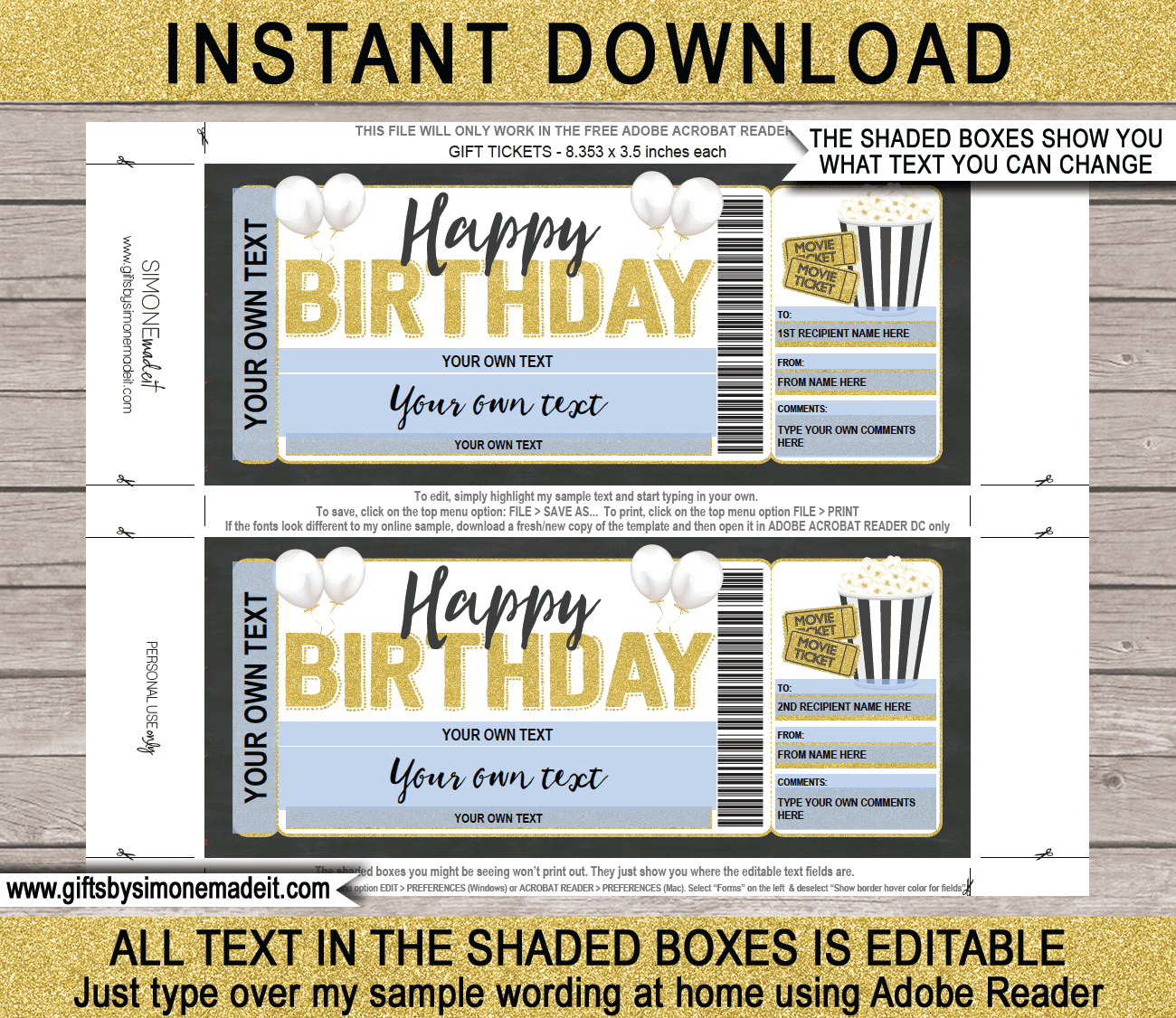 Birthday Movie Ticket Template Printable Gift Voucher Certificate