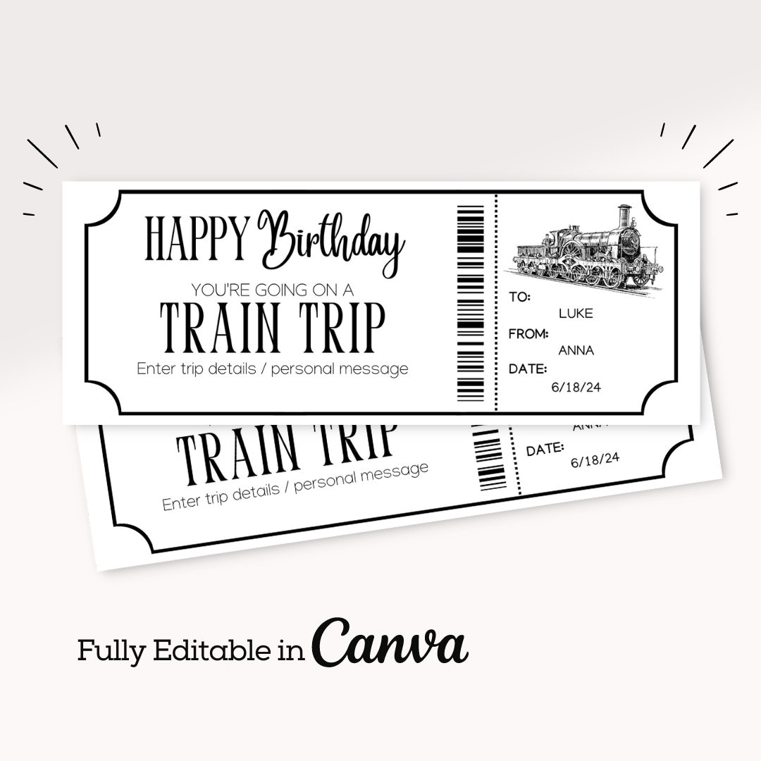 Birthday Train Ticket Ticket Template Travel Gift Voucher Printable Gift Ticket Train Printable Gift Train Certificate Template Etsy