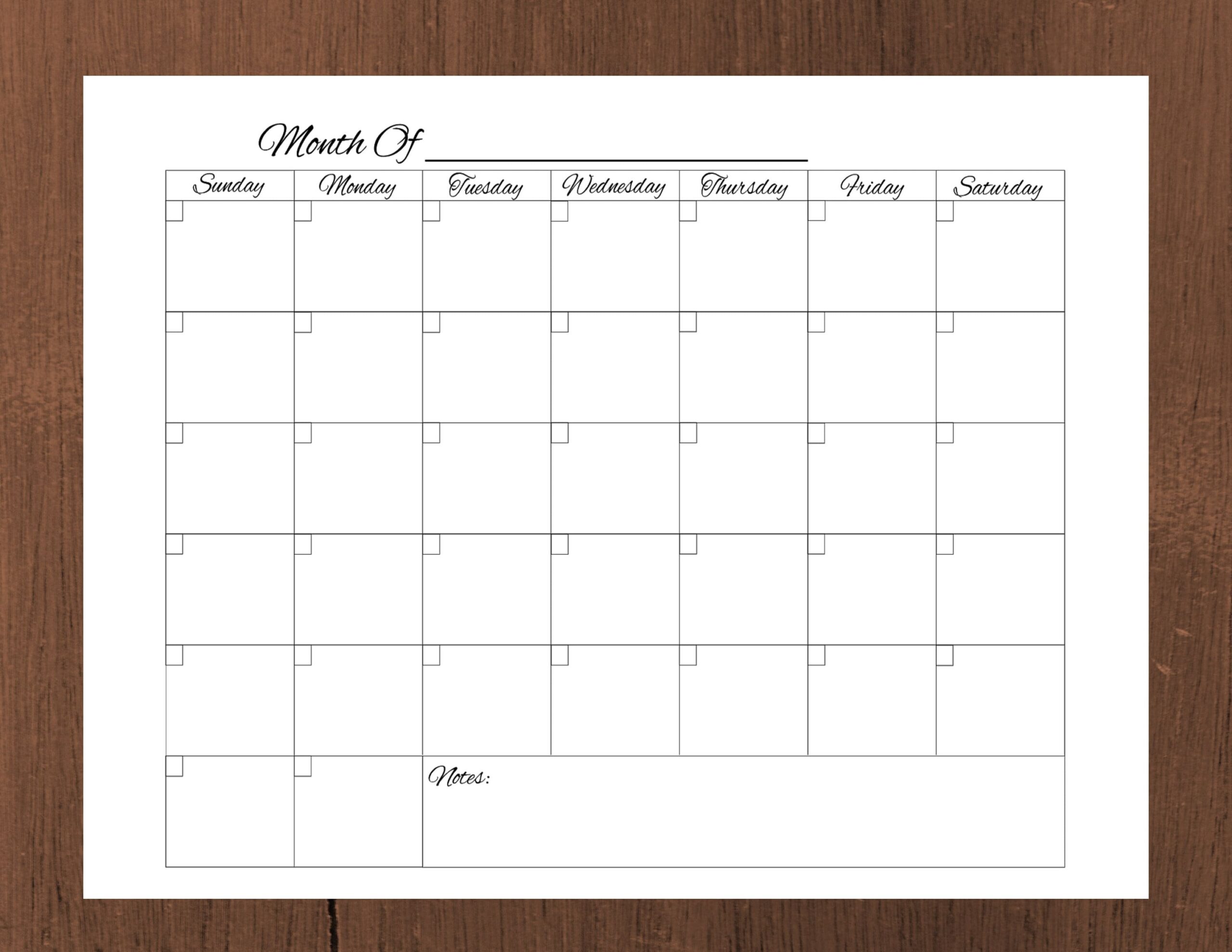 Blank Calendar Printable Instant Digital Download Monthly 