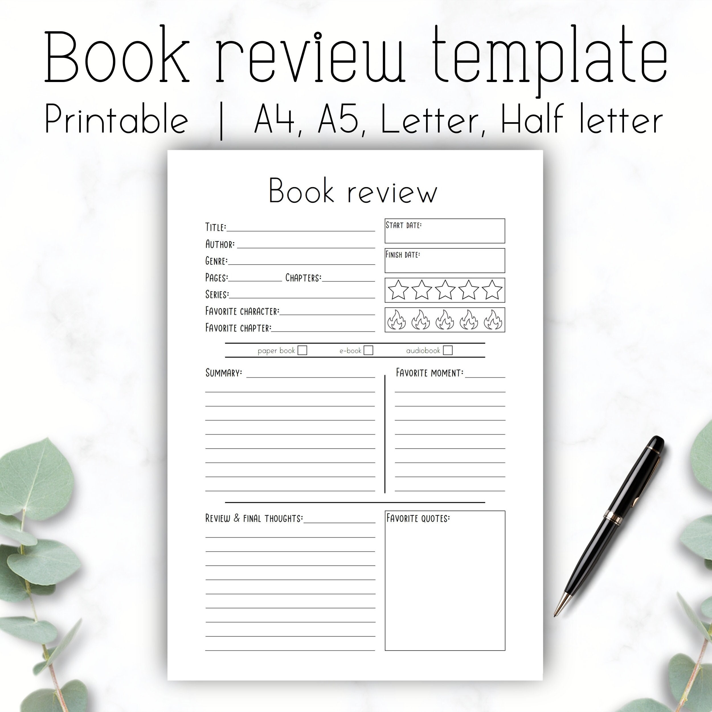 Book Review Template Simple Book Review Printable A4 A5 Letter Half Letter Template Book Journal Instant Download PDF Reading Log Etsy