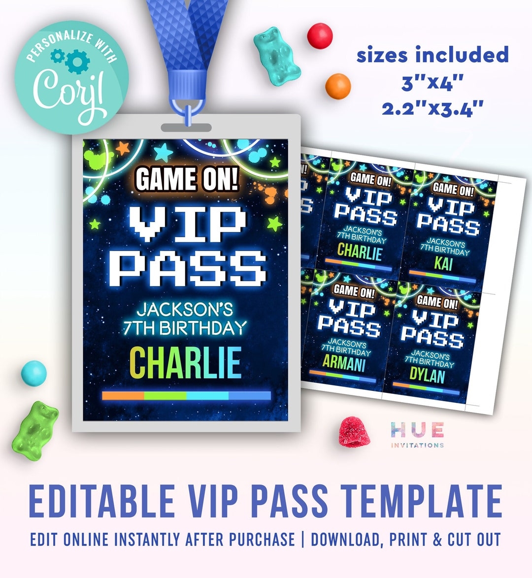 Boys Arcade Party VIP Badge Template For Lanyards Game On Arcade Birthday VIP Pass For Guests Editable Templates Blue Green Orange
