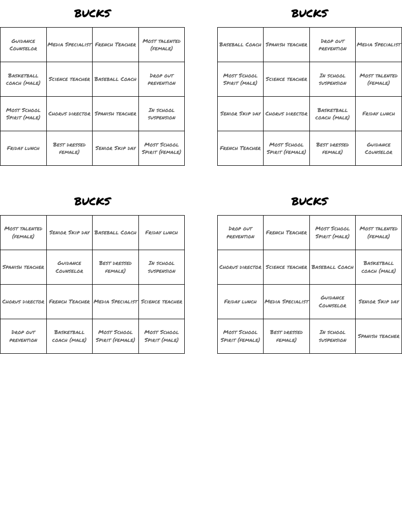 BUCKS Bingo Cards WordMint