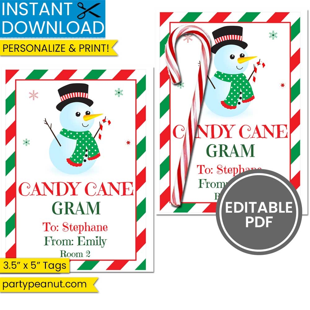 Candy Cane Gram Holiday Tag Snowman Party Peanut