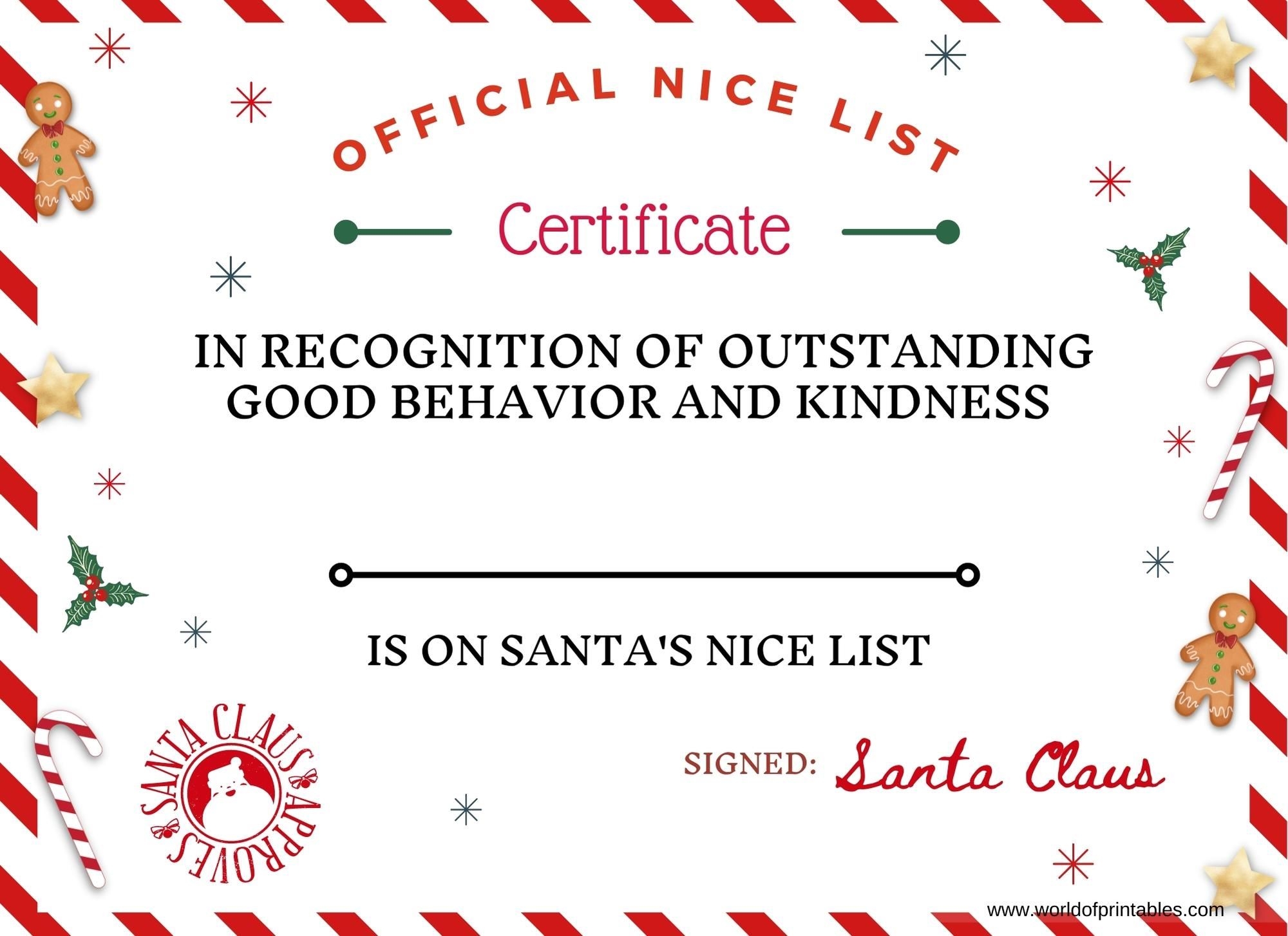 Christmas Nice List Certificate From Santa Free Printable To 