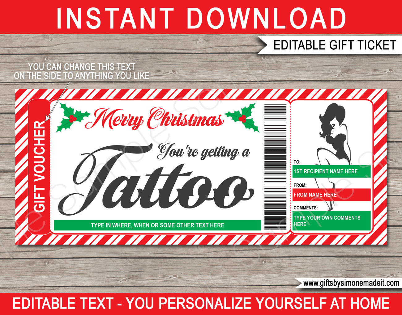 Christmas Tattoo Gift Certificate Template DIY Printable Gift Voucher Card Christmas Tattoo Gift Certificate Template DIY Printable Gift Voucher Card