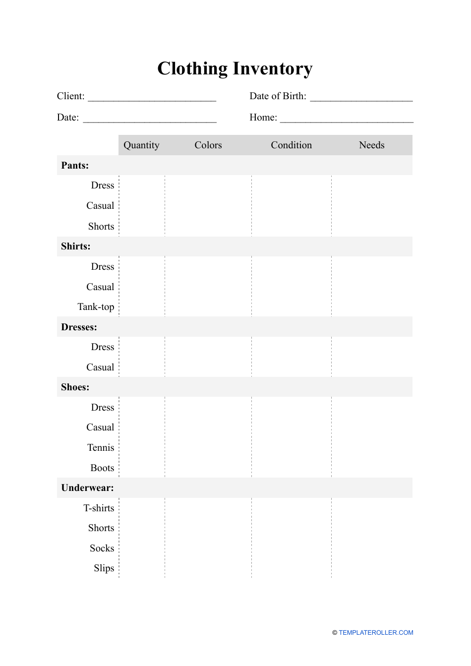 Clothing Inventory Spreadsheet Template Download Printable PDF Templateroller