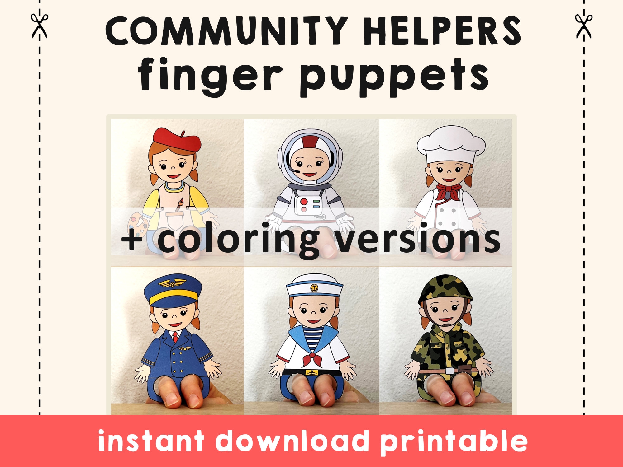 Community Helpers Paper Craft Printable Finger Puppet Template Kids Craft Career Day Birthday Party Coloring Puppet Printable Download Etsy