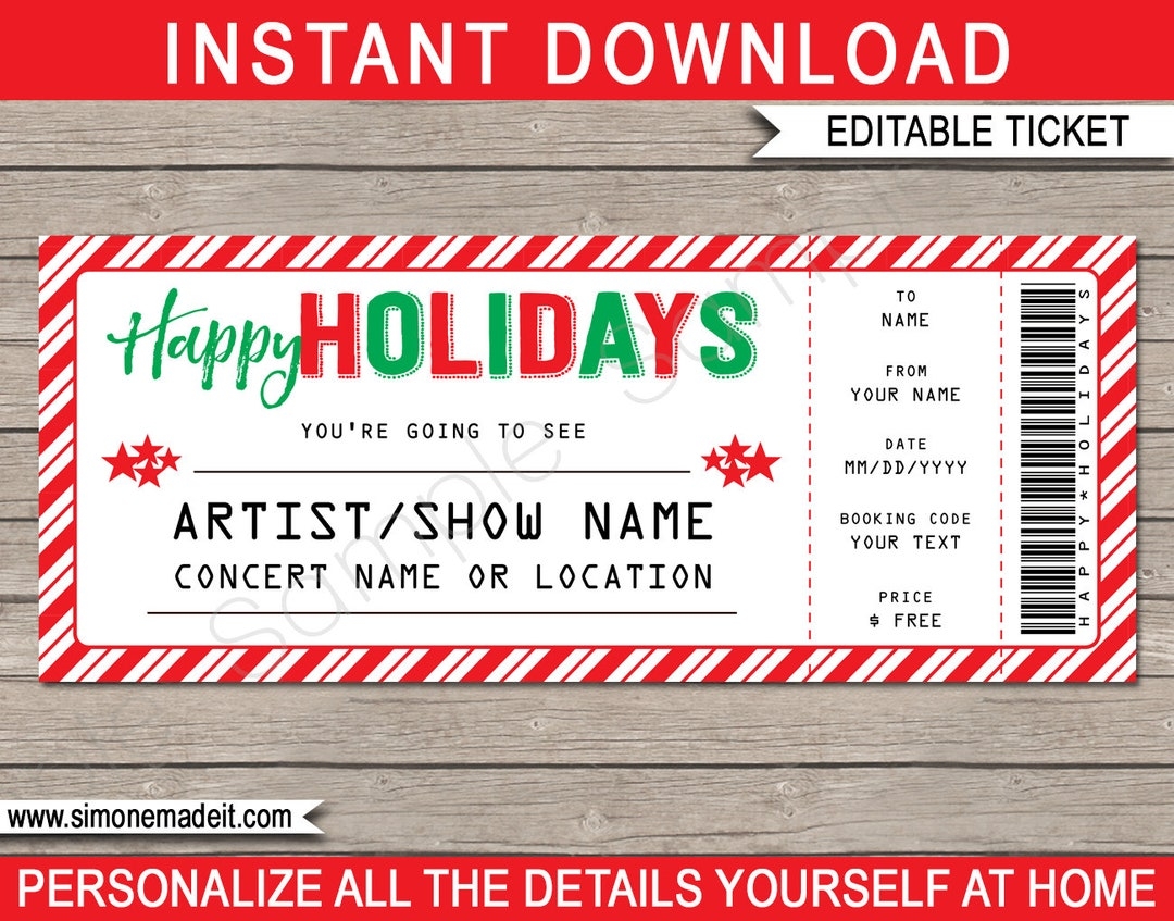 Concert Ticket Template Printable Holiday Gift Surprise Show Band Artist Festival Gift Certificate INSTANT DOWNLOAD EDITABLE Text Etsy