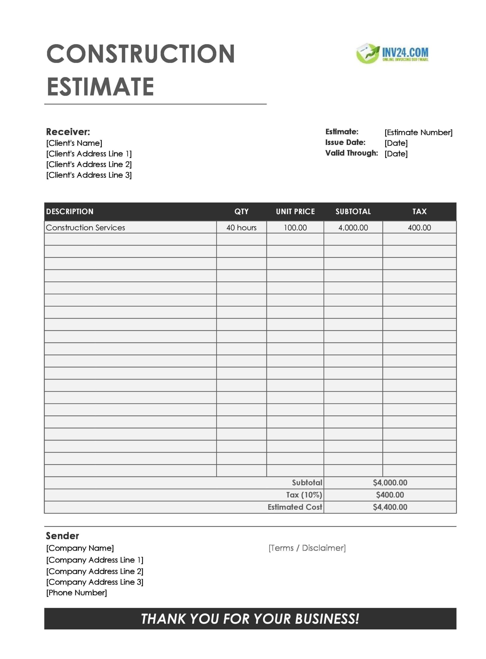 Construction Estimate Template Excel Google Sheets 