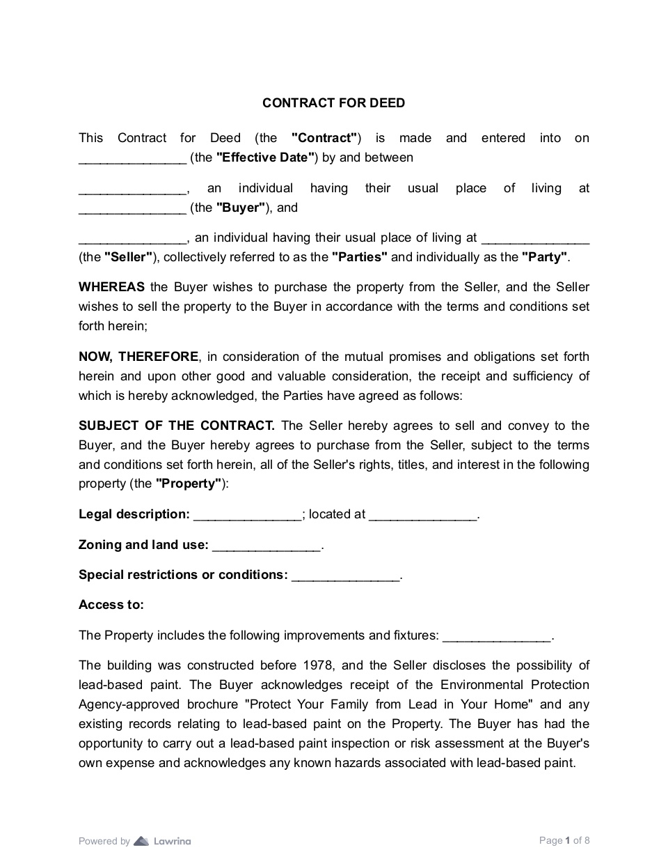 Contract For Deed Template Download PDF Lawrina