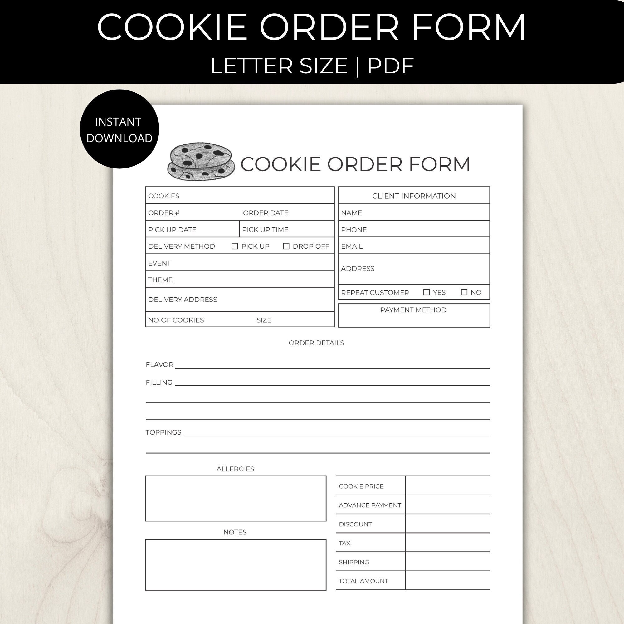 Cookie Order Form Fillable Bakery Planner Printable Cookie Order Worksheet Bakery Order Form Small Business Invoice Editable Template Etsy