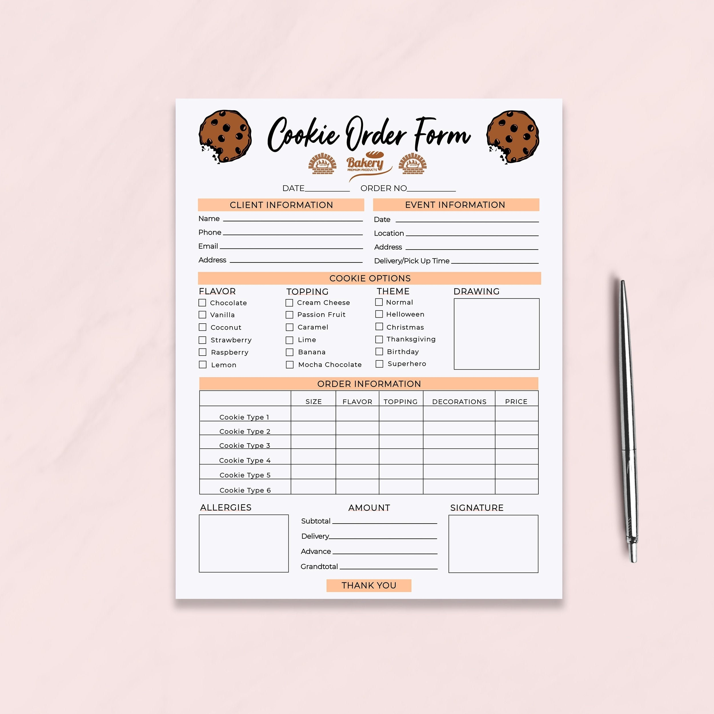 Cookie Order Form Template Bakery Order Form Receipt Small Business Invoice Form Editable Cake Order Forms Instant Download DTP 004 Etsy