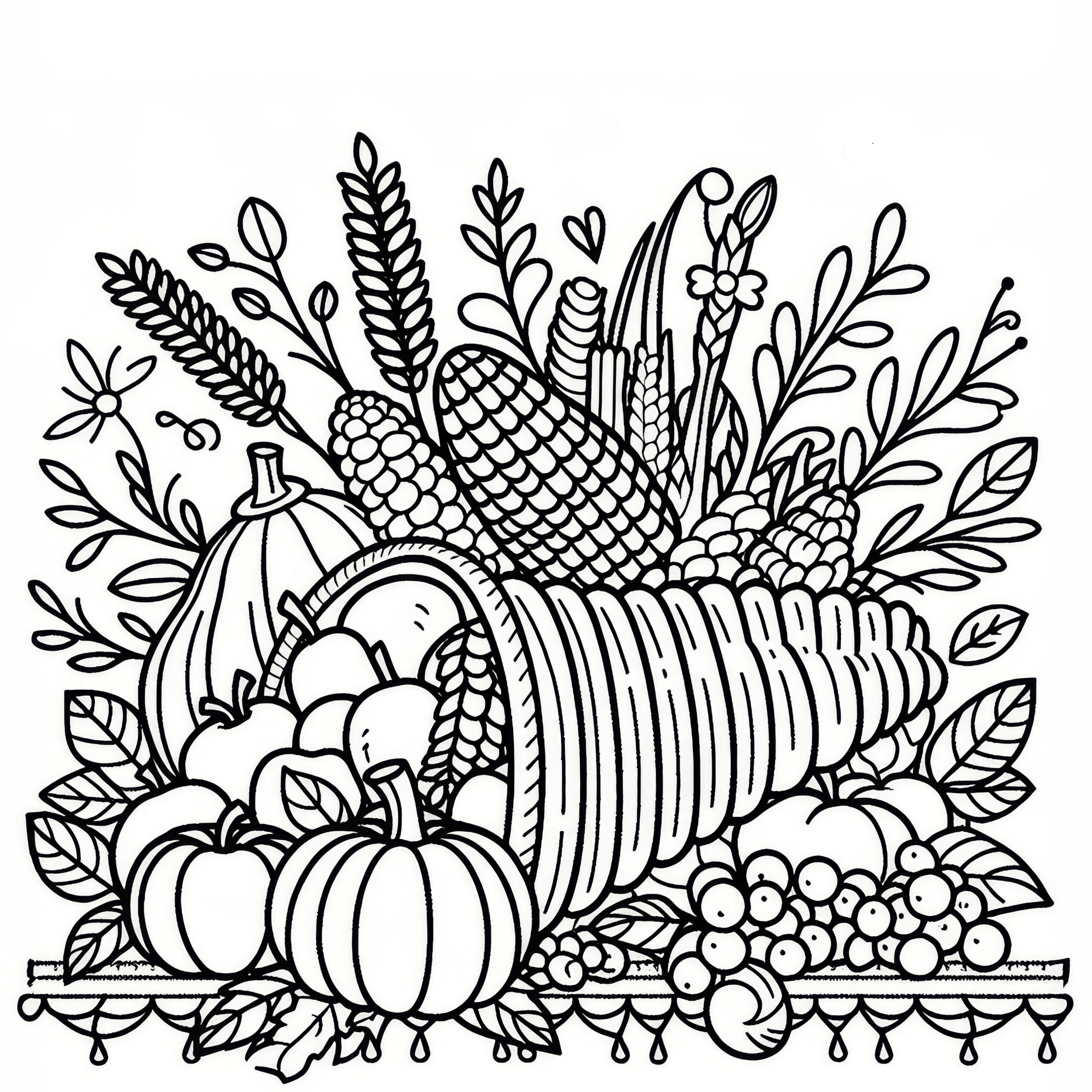 Cornucopia With Gifts Of The Harvest For Thanksgiving As A Coloring Page Free 