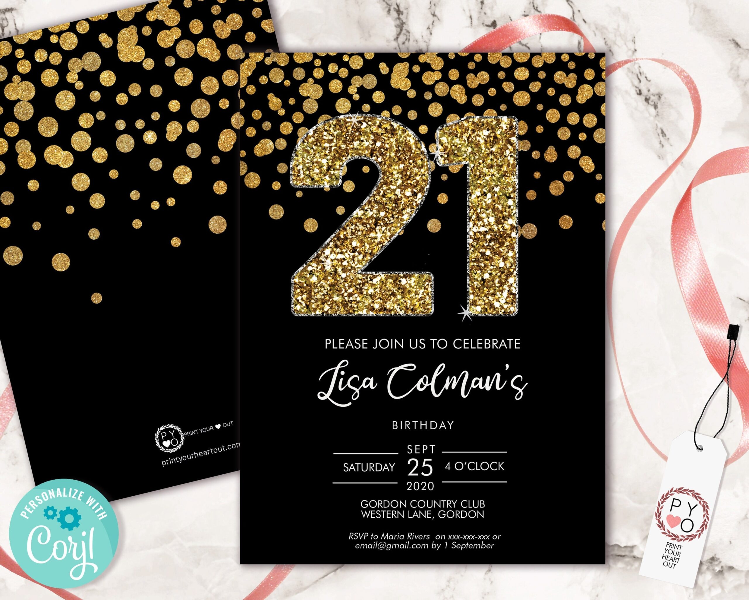 DIY 21st Birthday Confetti Invitation Printable Template Black Gold Glitter Editable Birthday Party Invitation For Women Printable