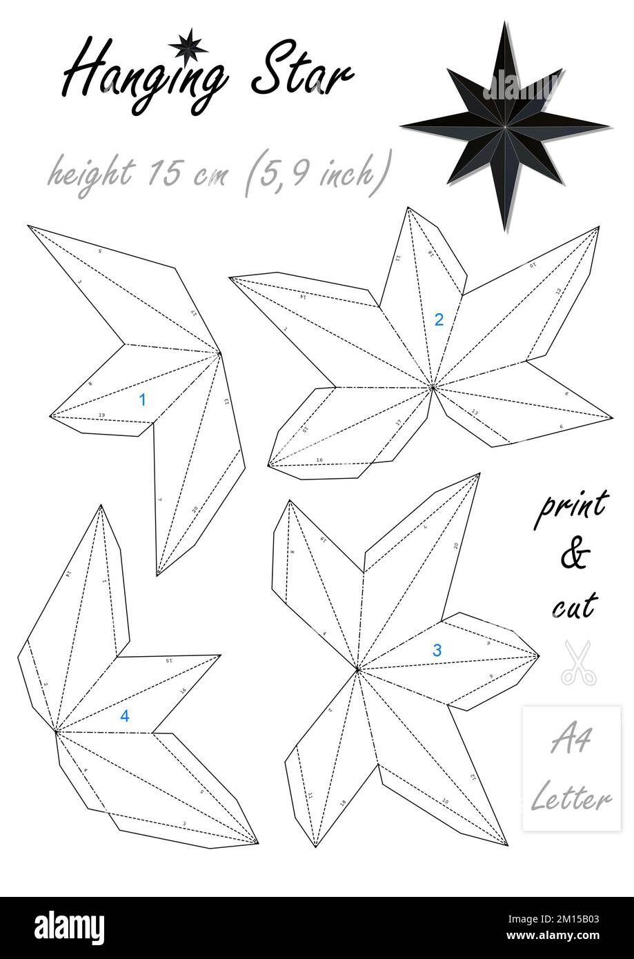 DIY 3D Paper Eight pointed Hanging Star Print Cut And Glue Christmas Toy Print The Template On A4 Or Letter Sheet And Get The Figure Size Height 15 Stock Photo Alamy